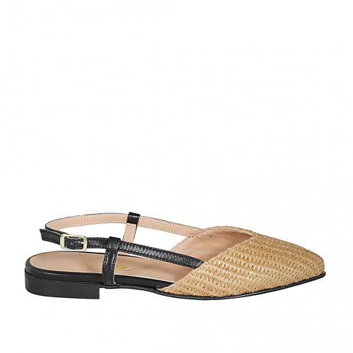 Woman's slingback pump in beige braided raffia and black leather heel 2 - Available sizes:  32, 33, 43, 44