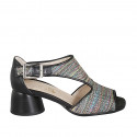 Woman's open shoe with boucle in black leather and multicolored braided fabric heel 5 - Available sizes:  33, 34, 42, 43, 44, 45, 46