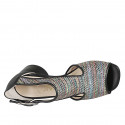 Woman's open shoe with boucle in black leather and multicolored braided fabric heel 5 - Available sizes:  33, 34, 42, 43, 44, 45, 46