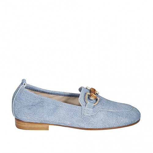 Mocassin pour femmes avec accessoire en bambou et elastique en daim type denim bleu clair talon 2 - Pointures disponibles:  33, 42, 43, 44, 45, 46