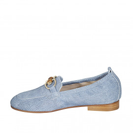 Woman's mocassin with bamboo accessory and elastic band in light blue denim-like suede heel 2 - Available sizes:  33, 42, 44, 45 2