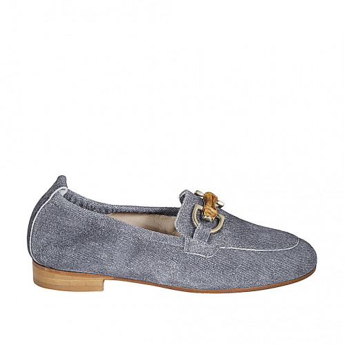 Woman's mocassin with accessory in dark light blue denim fabric heel 2 - Available sizes:  33, 34, 43, 44, 45, 46