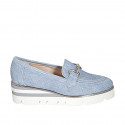 Woman's mocassin with accessory in light blue denim fabric wedge heel 4 - Available sizes:  42, 45, 46
