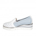 Woman's moccasin shoe with elastic band in light blue and white pierced leather wedge heel 4 - Available sizes:  33, 42, 44, 45, 46