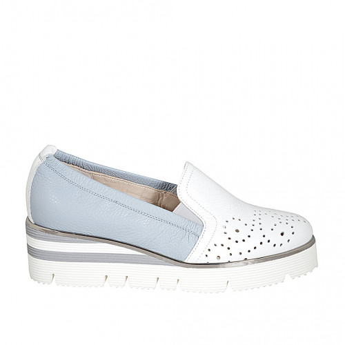 Woman's moccasin shoe with elastic band in light blue and white pierced leather wedge heel 4 - Available sizes:  33, 42, 44, 45, 46