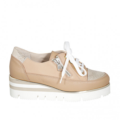 Woman's laced shoe with zipper in beige leather and platinum laminated printed leather wedge heel 4 - Available sizes:  34, 42, 43, 44, 46