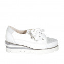 Woman's laced shoe with zipper in white leather and silver laminated printed leather wedge heel 4 - Available sizes:  42