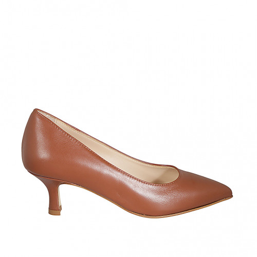 Women's pointy pump in cognac brown leather heel 5 - Available sizes:  34, 42, 43, 45