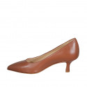 Zapato de salon puntiagudo en piel cognac para mujer tacon 5 - Tallas disponibles:  34, 42, 43