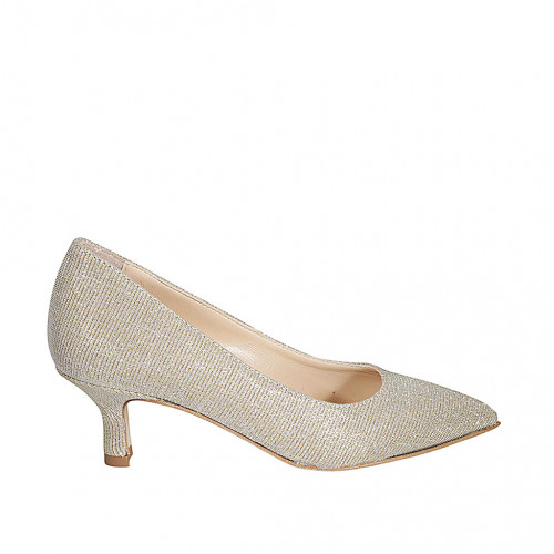Woman's pointy pump in platinum laminated fabric heel 5 - Available sizes:  34, 45