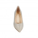 Zapato de salon a punta para mujer en tejido laminado platino tacon 5 - Tallas disponibles:  34, 45