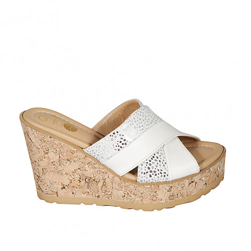 Woman's mules in white leather and white suede with silver printed dots with platform and wedge heel 9 - Available sizes:  31, 32, 33, 34