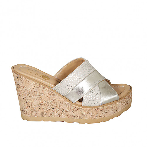 Woman's mules in laminated platinum leather leather and beige suede with platinum printed dots with platform and wedge heel 9 - Available sizes:  33, 34