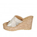 Woman's mules in laminated platinum leather leather and beige suede with platinum printed dots with platform and wedge heel 9 - Available sizes:  33, 34