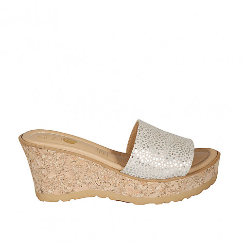 Woman's mules in white suede with silver printed dots platform and wedge heel 7 - Available sizes:  33, 34