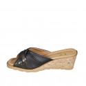 Woman's mule in black leather and printed dark bronze suede wedge heel 6 - Available sizes:  33, 43