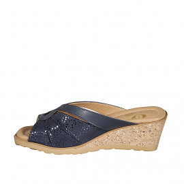 Mule pour femmes en cuir bleu foncé et daim bleu foncé avec pois imprimé talon compensé 6 - Pointures disponibles:  43 2