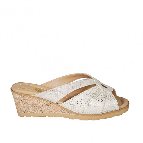 Woman's mule in laminated platinum leather and beige suede with platinum printed dots wedge heel 6 - Available sizes:  32, 33, 34, 42, 43, 44, 45