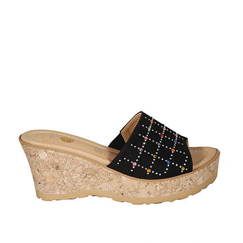 Woman's mules in black suede with multicolored rhinestones platform and wedge heel 7 - Available sizes:  31, 32, 33, 34