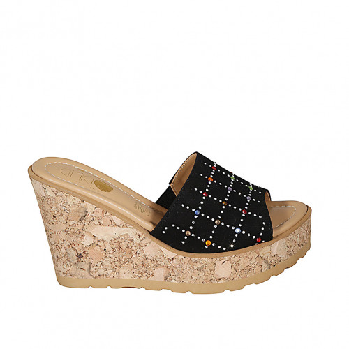 Woman's mules in black suede with multicolored rhinestones platform and wedge heel 9 - Available sizes:  31, 33, 34