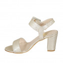 Woman's sandal with buckle in platinum laminated leather heel 8 - Available sizes:  32, 33, 34