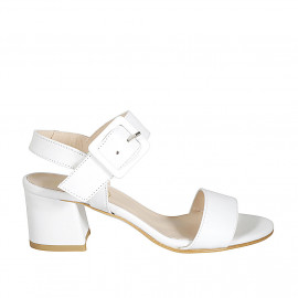 Woman's sandal in white leather with buckle heel 5 - Available sizes:  44, 45
