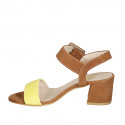 Woman's strap sandal in cognac brown and yellow suede heel 5 - Available sizes:  32, 33, 34