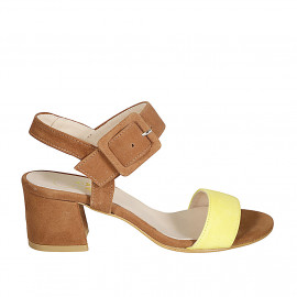 Sandale avec boucle pour femmes en daim cognac et jaune talon 5 - Pointures disponibles: 34