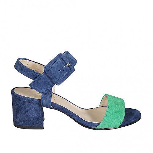 Woman's strap sandal in blue and green suede heel 5 - Available sizes:  33, 34