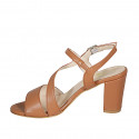 Woman's sandal with elastic band in cognac brown leather heel 8 - Available sizes:  32, 34, 42, 43, 45