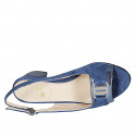 Woman's sandal with accessory in blue suede and laminated printed patent leather heel 5 - Available sizes:  32, 43, 44, 45