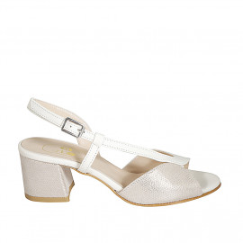 Sandale pour femmes en cuir blanc et daim imprimé lamé platine talon 5 - Pointures disponibles: 32