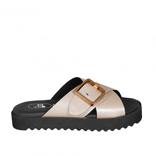 Woman's mules with buckle and crossed straps in laminated light rose leather wedge heel 3 - Available sizes:  32, 33, 34, 42, 43, 44, 46