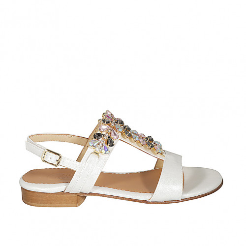 Woman's sandal with multicolored rhinestones in laminated white leather heel 2 - Available sizes:  33, 34, 42, 43, 44, 45, 46