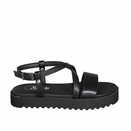 Sandale pour femmes en cuir noir avec courroie croisé et talon compensé 3 - Pointures disponibles: 32