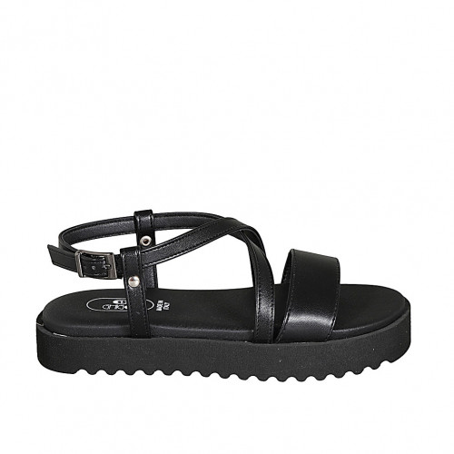 Woman's sandal in black leather with crossed strap and wedge heel 3 - Available sizes:  32, 34, 42, 43, 44, 45