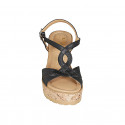 Woman's sandal with crossed straps in black leather with platform and wedge heel 9 - Available sizes:  31, 32, 33, 34