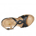 Woman's sandal with crossed straps in black leather with platform and wedge heel 9 - Available sizes:  31, 32, 33, 34