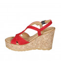 Woman's sandal with crossed straps in red suede with platform and wedge heel 9 - Available sizes:  31, 32, 33, 34