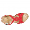 Woman's sandal with crossed straps in red suede with platform and wedge heel 9 - Available sizes:  31, 32, 33, 34