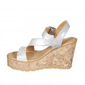 Woman's sandal with cross strap in silver laminated leather and suede with silver printed dots platform and wedge heel 9 - Available sizes:  33