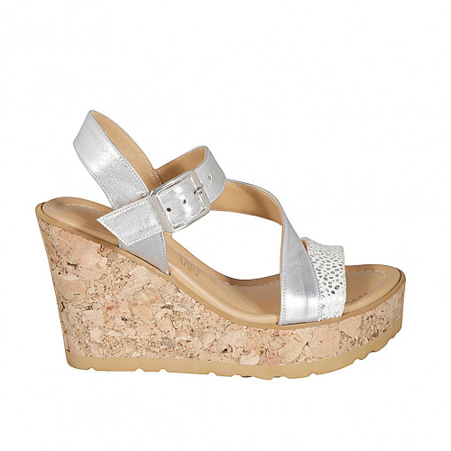 Woman's sandal with cross strap in silver laminated leather and suede with silver printed dots platform and wedge heel 9 - Available sizes:  31, 32, 33, 34