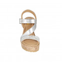 Woman's sandal with cross strap in silver laminated leather and suede with silver printed dots platform and wedge heel 9 - Available sizes:  33