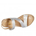 Woman's sandal with cross strap in silver laminated leather and suede with silver printed dots platform and wedge heel 9 - Available sizes:  33