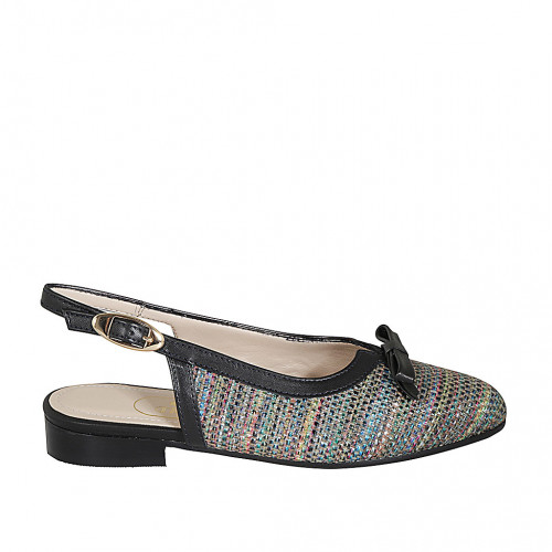 Woman's slingback with bow in black leather and multicolored laminated braided fabric heel 2 - Available sizes:  33, 34, 42, 43, 44, 45