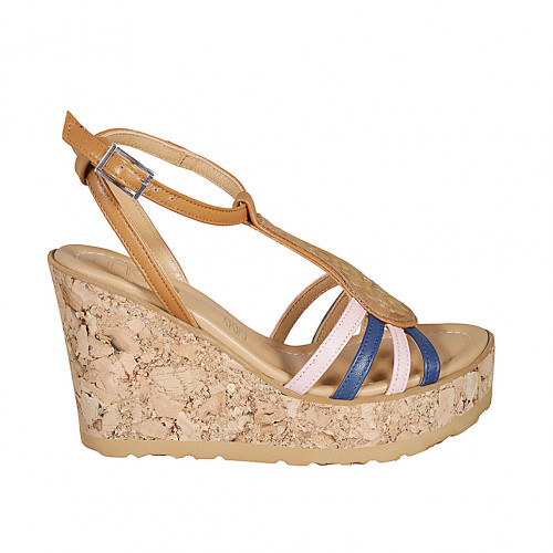 Woman's strap sandal in cognac brown, pink and blue leather with golden studs and platform and wedge heel 9 - Available sizes:  31, 32, 33, 34