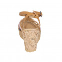 Woman's strap sandal in cognac brown, pink and blue leather with golden studs and platform and wedge heel 9 - Available sizes:  32, 34