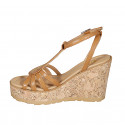 Woman's strap sandal in cognac leather with golden studs and platform and wedge heel 9 - Available sizes:  31, 32, 33, 34