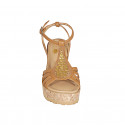 Woman's strap sandal in cognac leather with golden studs and platform and wedge heel 9 - Available sizes:  31, 32, 33, 34