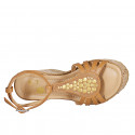 Woman's strap sandal in cognac leather with golden studs and platform and wedge heel 9 - Available sizes:  31, 32, 33, 34